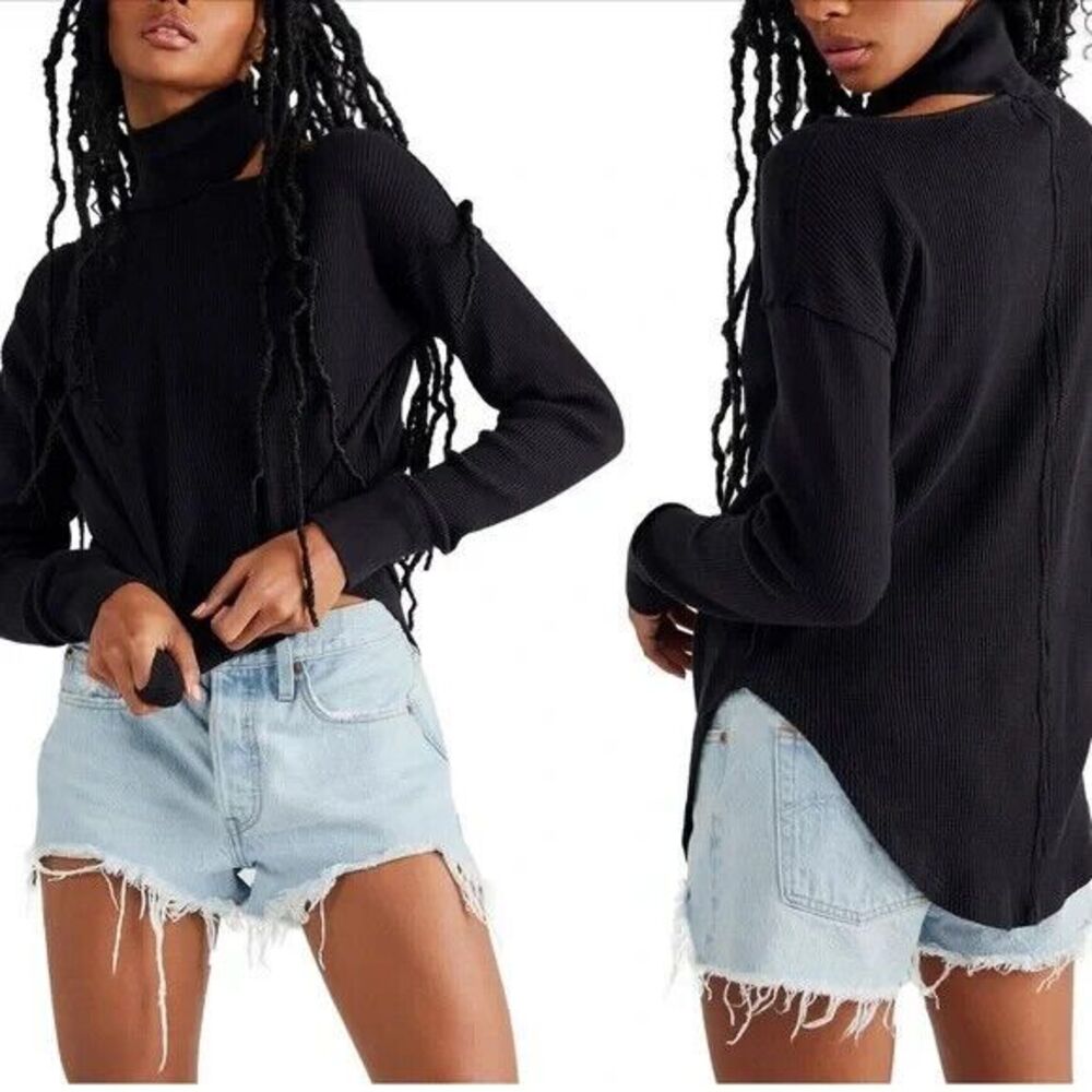 Free People Just For You Cutout Waffle Knit Thermal Turtleneck Top Black XS